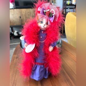 CatNip Red and Purple Cat Figurine with Feather Boa